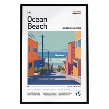 A vibrant illustration of Ocean Beach in San Francisco features colorful houses lining a sloped street, leading to the ocean.