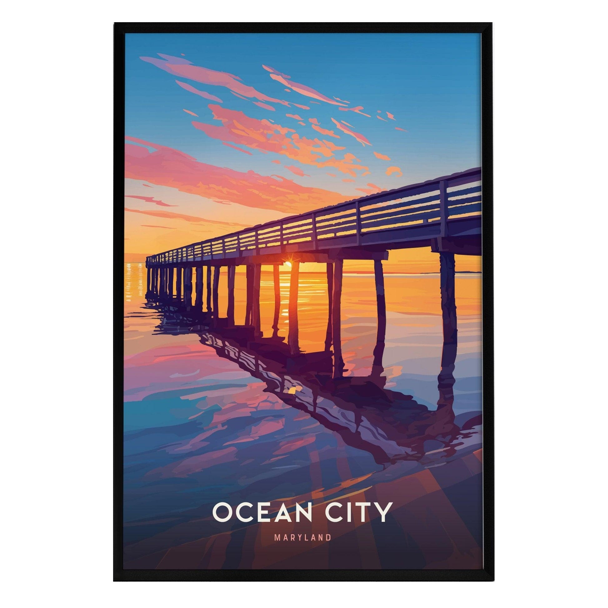 A vibrant poster featuring a sunset view of a wooden pier extending over calm waters, with colorful reflections and soft pastel hues in the sky. The text OCEAN CITY and MARYLAND is displayed prominently at the bottom.
