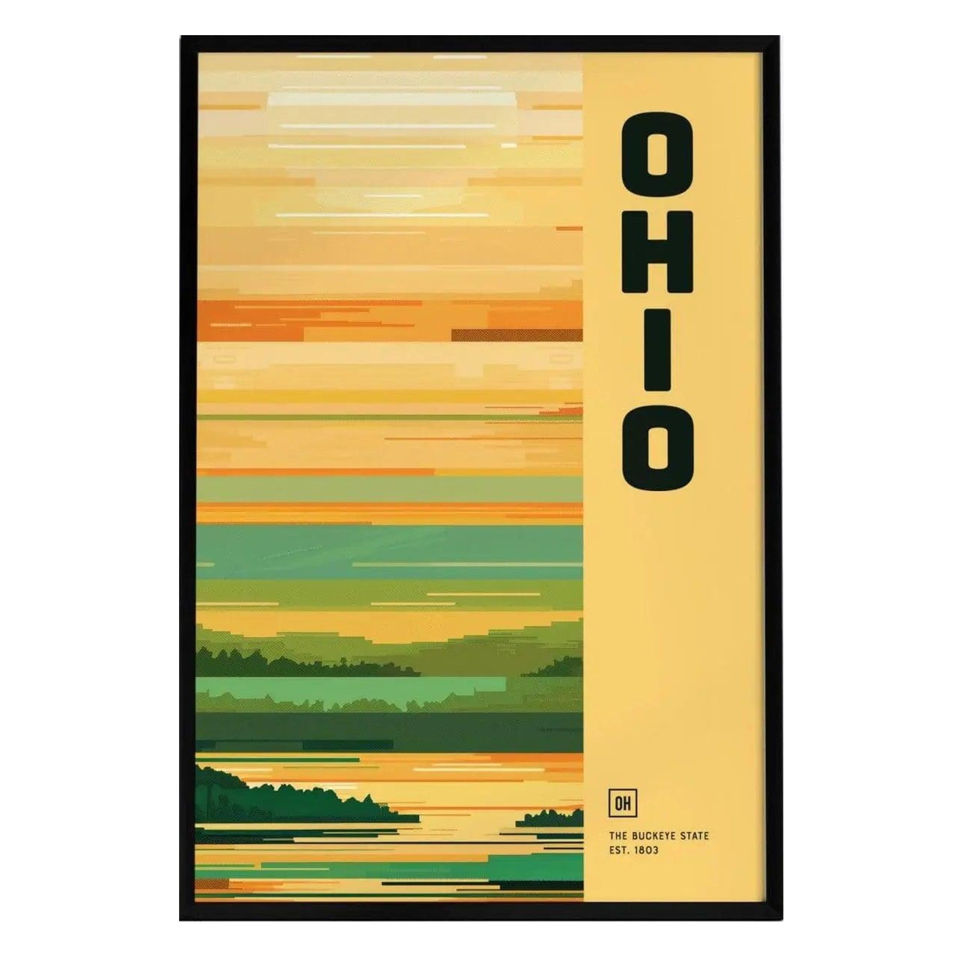 A minimalist poster featuring the word OHIO in bold letters, set against a gradient background of warm yellows, greens, and earthy tones. The design includes abstract representations of landscapes, evoking a serene Midwestern vibe.