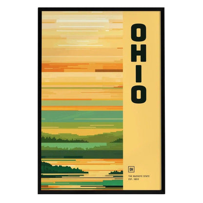 A minimalist poster featuring the word OHIO in bold letters, set against a gradient background of warm yellows, greens, and earthy tones. The design includes abstract representations of landscapes, evoking a serene Midwestern vibe.