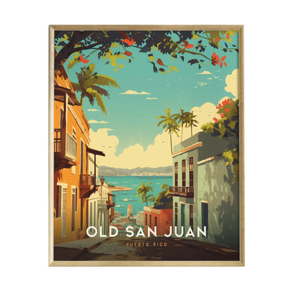 A vibrant poster depicting a scenic view of Old San Juan, showcasing colorful buildings with balconies, palm trees, and a serene bay in the background.