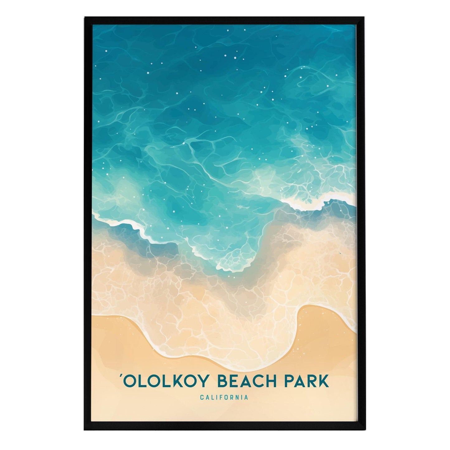 A vibrant poster features a stylized illustration of Ololkoy Beach Park, showcasing a serene blend of turquoise ocean waves gently lapping against a sandy shore.