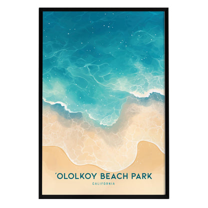 A vibrant poster features a stylized illustration of Ololkoy Beach Park, showcasing a serene blend of turquoise ocean waves gently lapping against a sandy shore.