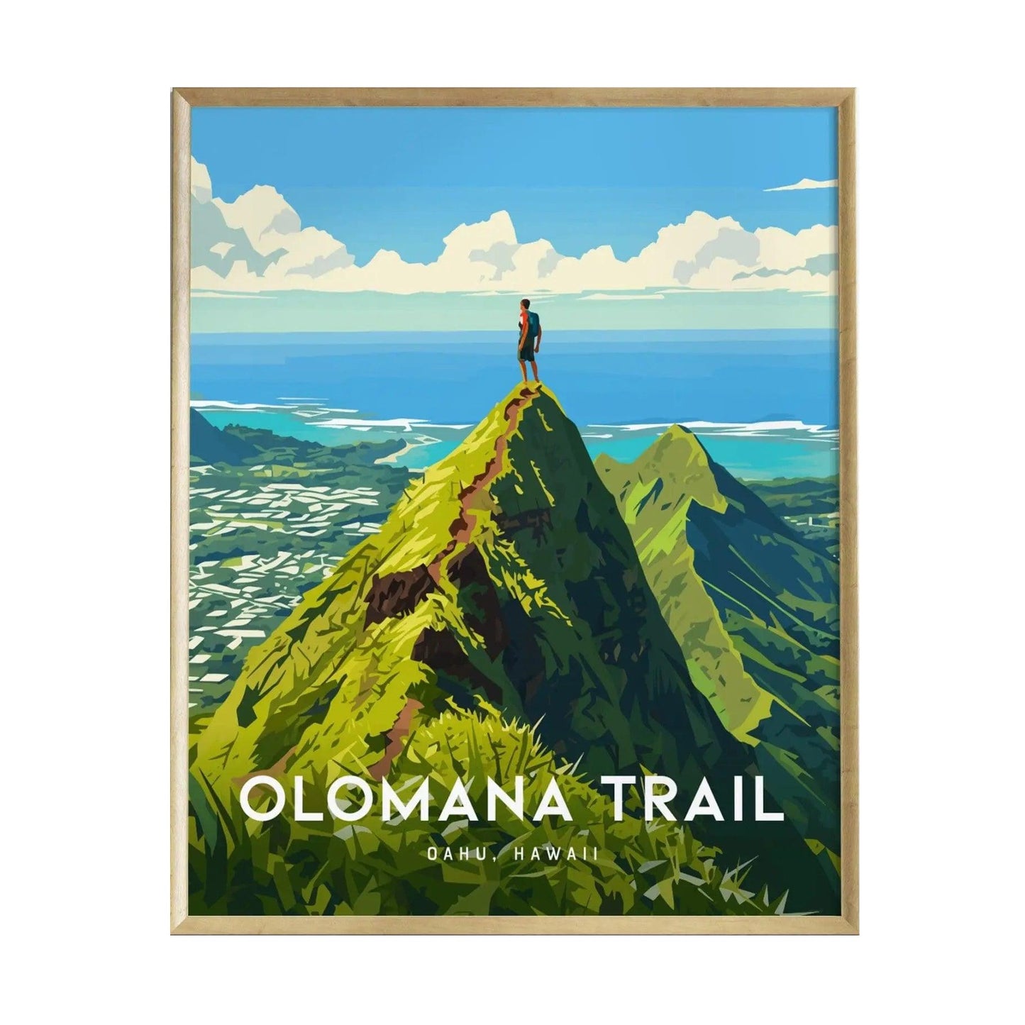 A vibrant illustration of a hiker standing atop a lush green peak, overlooking the scenic landscape of Oahu, Hawaii. The artwork captures the beauty of the Olomana Trail with a bright blue sky and distant mountains in the background.
