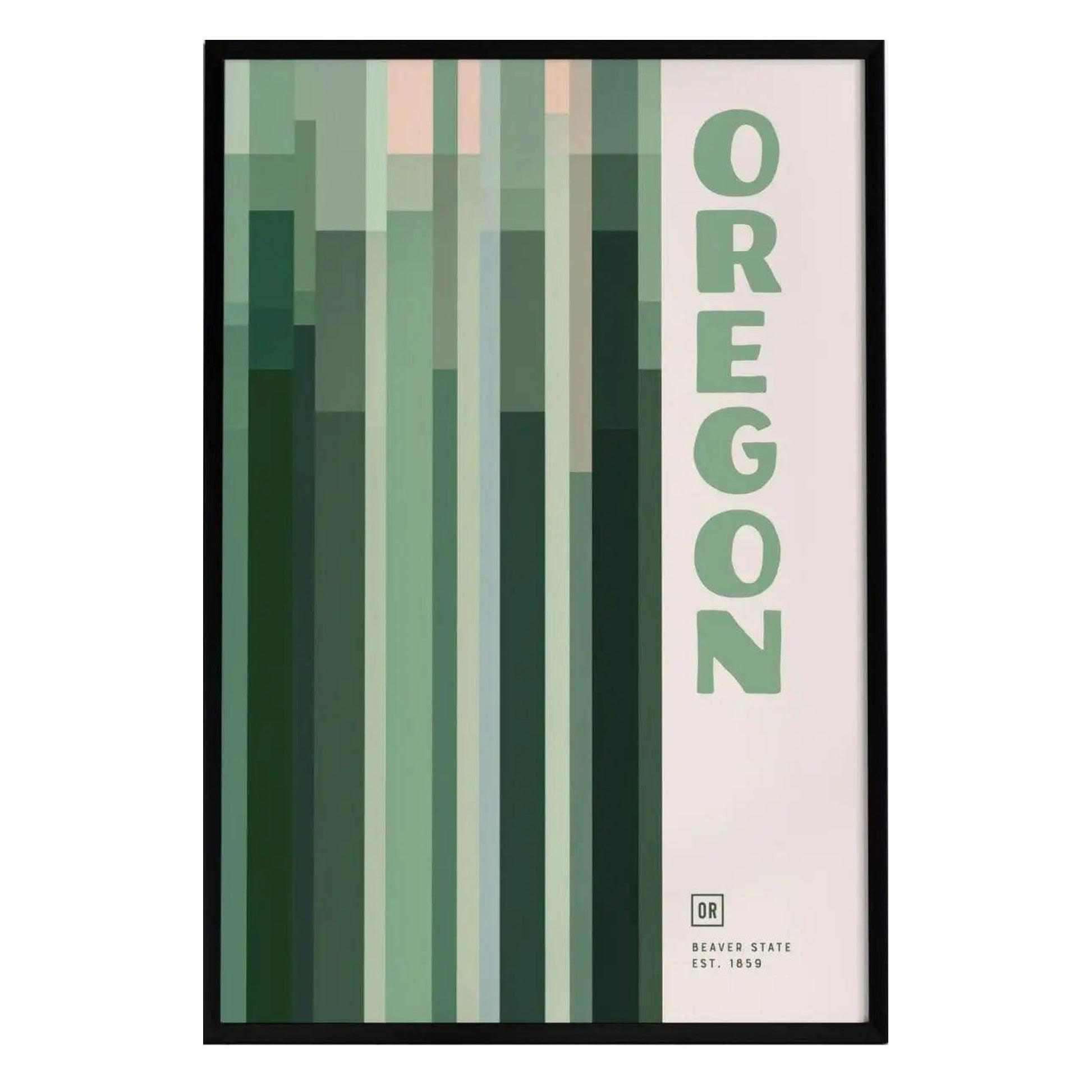 A modern minimalist poster featuring the word Oregon in bold green letters, surrounded by vertical stripes in various shades of green. The design evokes a sense of nature, reflecting the states lush landscapes and serene aesthetic.