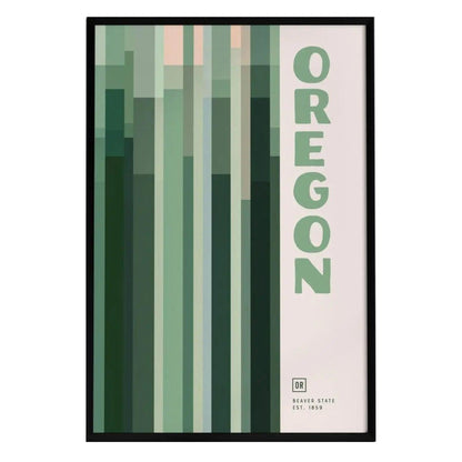 A modern minimalist poster featuring the word Oregon in bold green letters, surrounded by vertical stripes in various shades of green. The design evokes a sense of nature, reflecting the states lush landscapes and serene aesthetic.