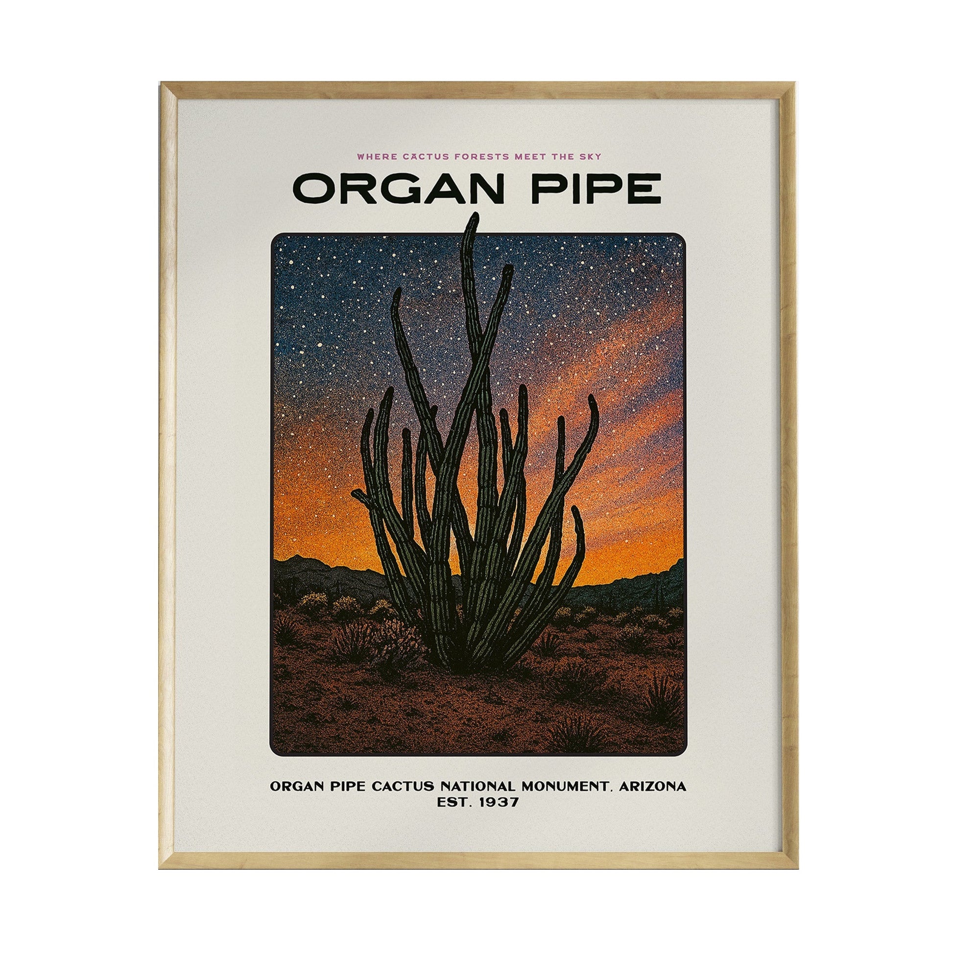 A framed poster featuring the Organ Pipe Cactus against a vibrant sunset sky, showcasing rich hues of orange and blue. The text highlights the Organ Pipe Cactus National Monument in Arizona, established in 1937.