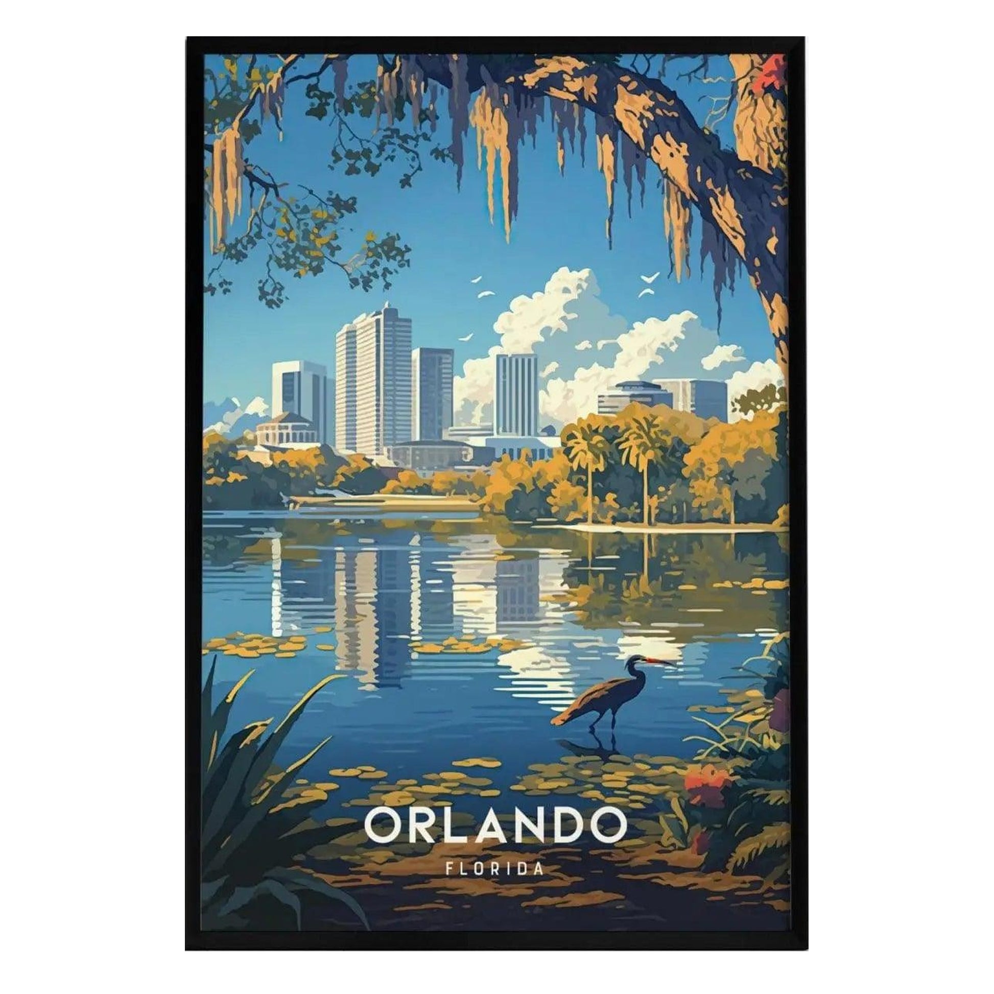 A vibrant illustration of Lake Eola in Orlando, showcasing a serene lake surrounded by lush greenery and palm trees. The skyline of downtown Orlando is visible in the background, with a heron standing near the waters edge.