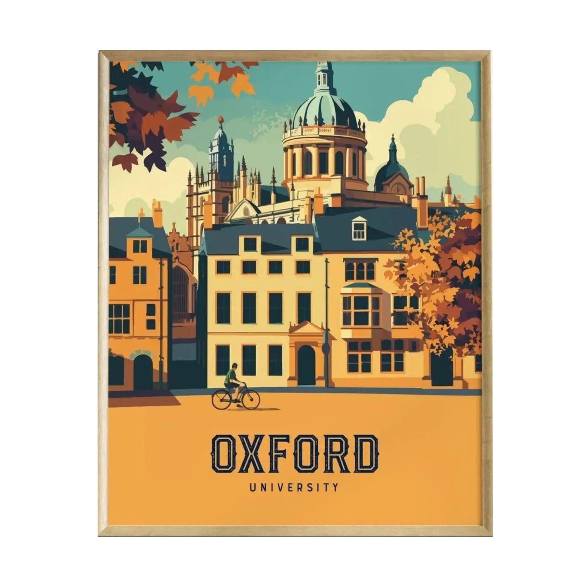 A vibrant illustration of Oxford University featuring iconic spires and historic buildings, with a cyclist riding past colorful facades. The artwork is framed and prominently displays the text OXFORD UNIVERSITY at the bottom.