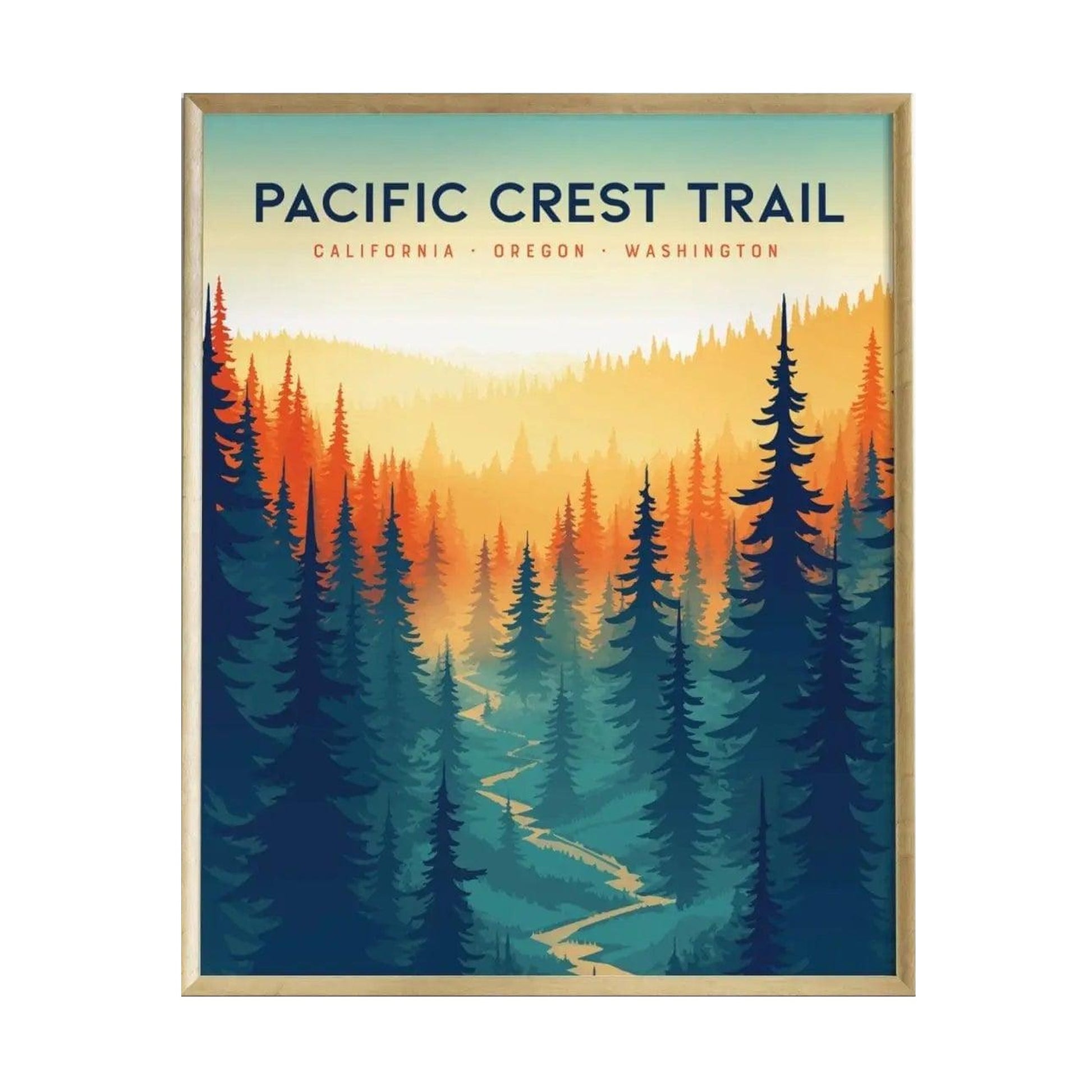 A colorful poster featuring a scenic view of the Pacific Crest Trail, showcasing vibrant orange and blue trees against a soft, gradient sky.