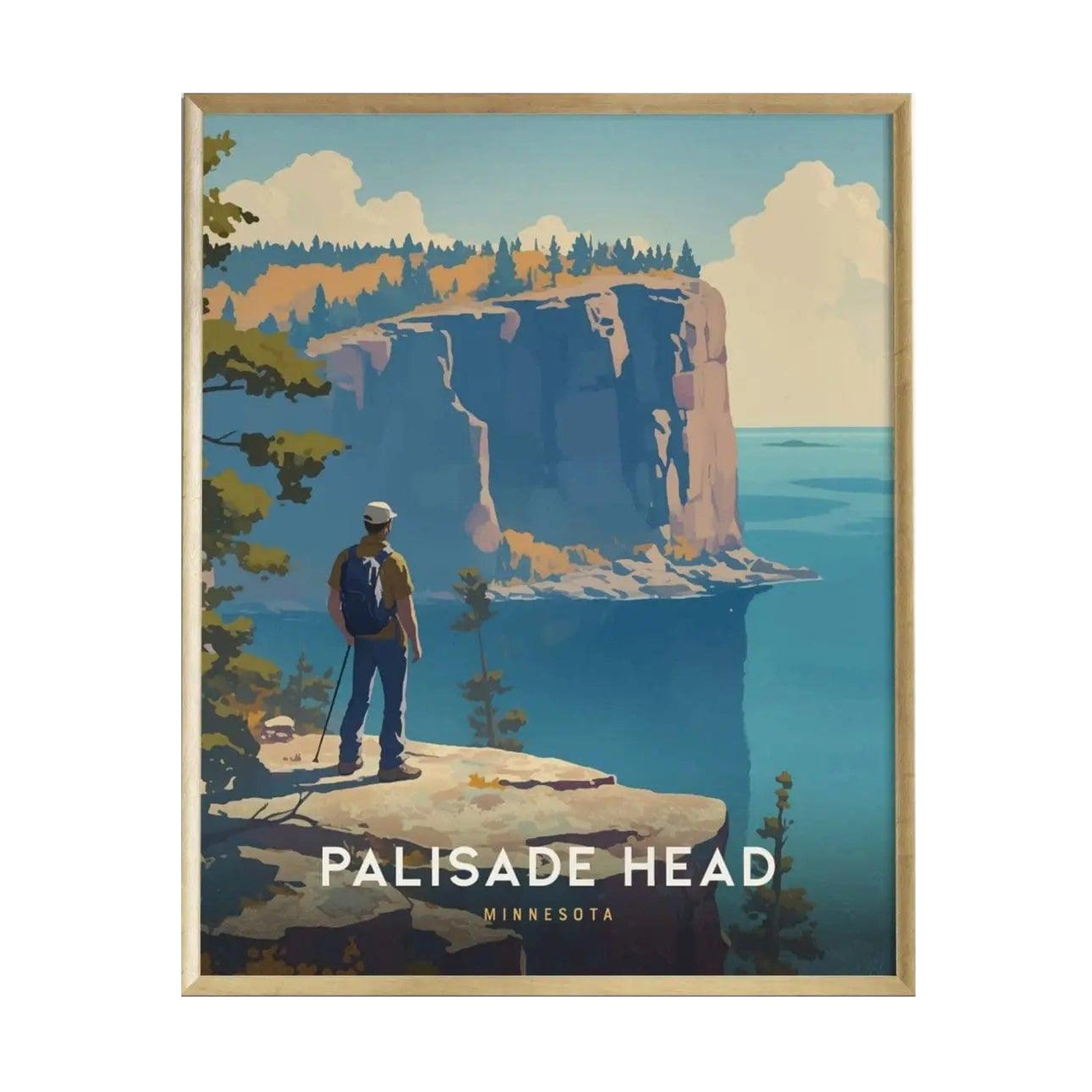 A framed poster depicts a scenic view of Palisade Head in Minnesota, showcasing dramatic cliffs overlooking Lake Superior. A hiker stands on the edge, surrounded by trees, embodying the beauty of the North Shore landscape.