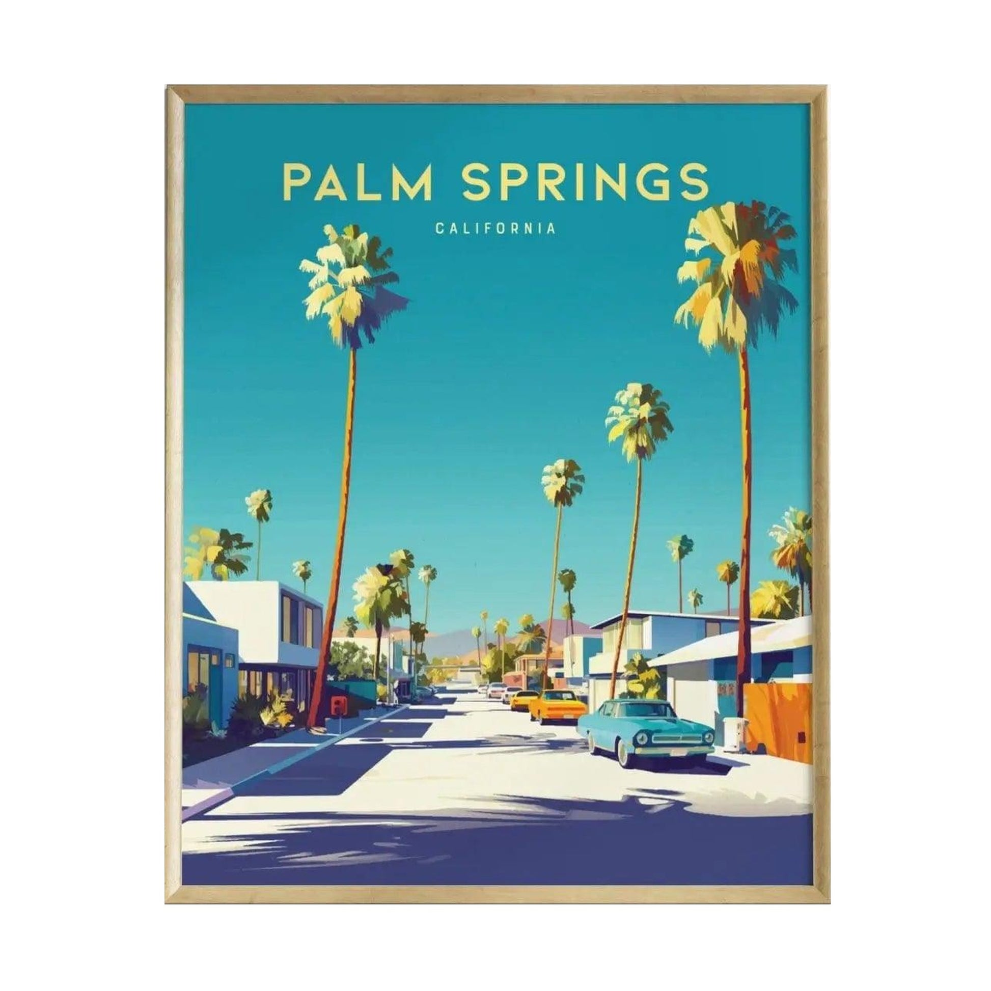 A vibrant illustration of a Palm Springs street, featuring tall palm trees lining both sides, mid-century homes, and a classic car parked on the road. The bright blue sky enhances the cheerful, sunny atmosphere of the California desert.