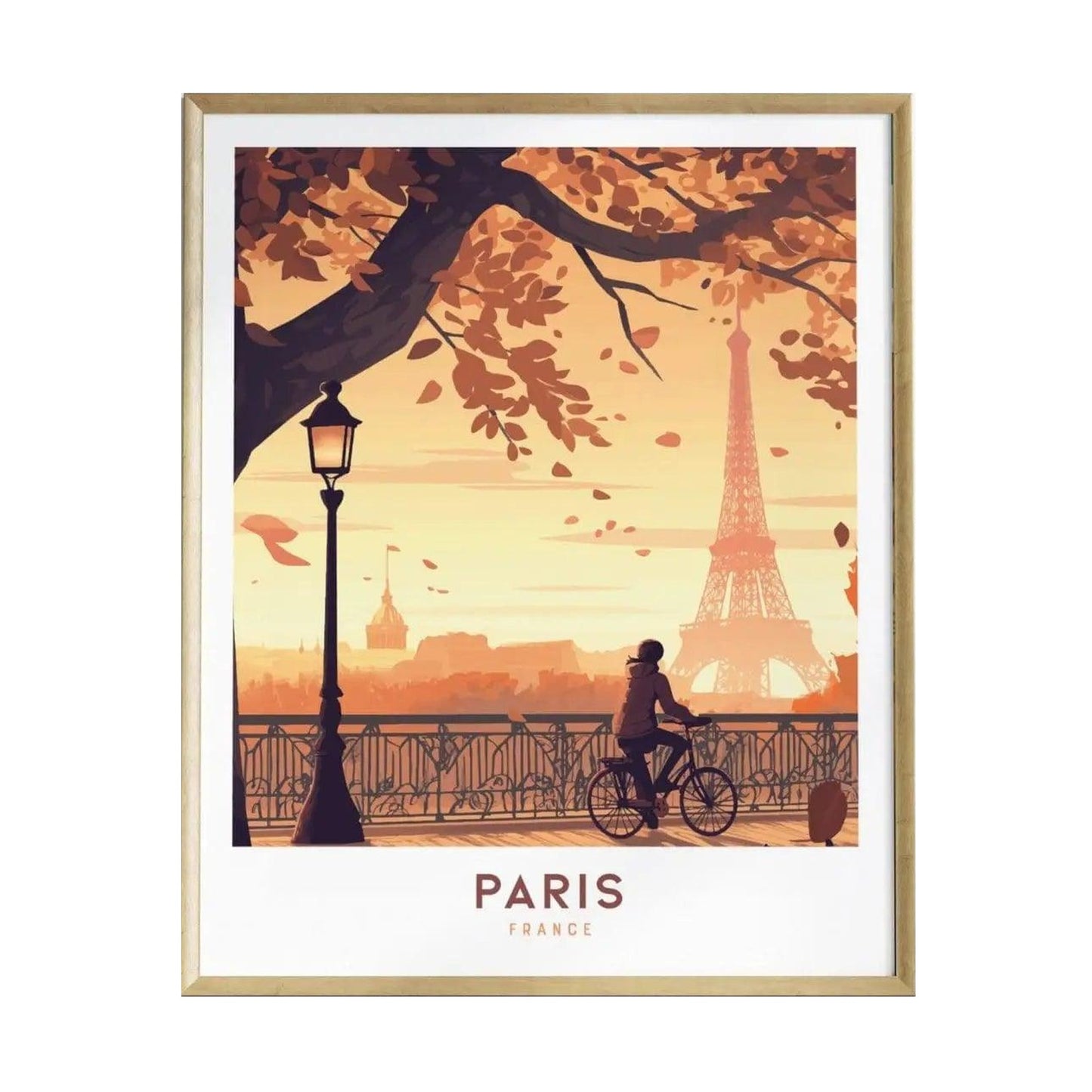 A stylish poster depicting a cyclist riding along the Seine River with the Eiffel Tower in the background. The scene is framed by autumn leaves and a vintage street lamp, capturing the romantic essence of Paris, France.
