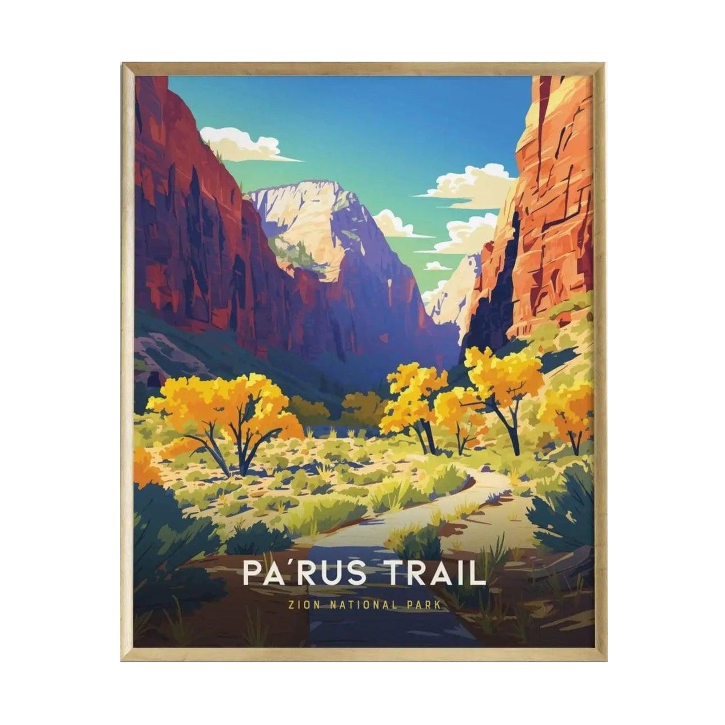 A vibrant illustrated poster of the Parus Trail in Zion National Park, showcasing a scenic view of red rock cliffs and lush yellow trees under a bright blue sky. The artwork features the text PARUS TRAIL - ZION NATIONAL PARK at the bottom.