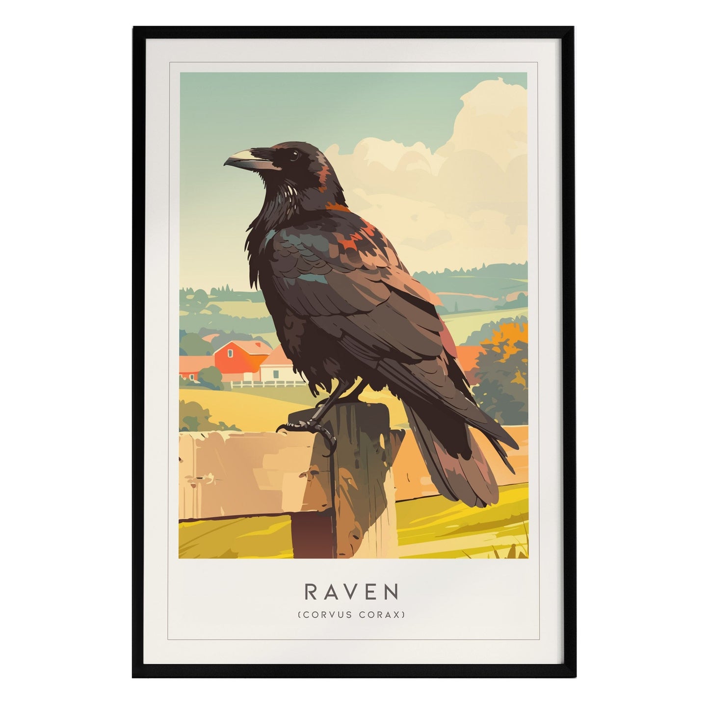 A framed art print features a stylized raven perched on a wooden post, set against a serene rural landscape with rolling hills and a distant farmhouse.