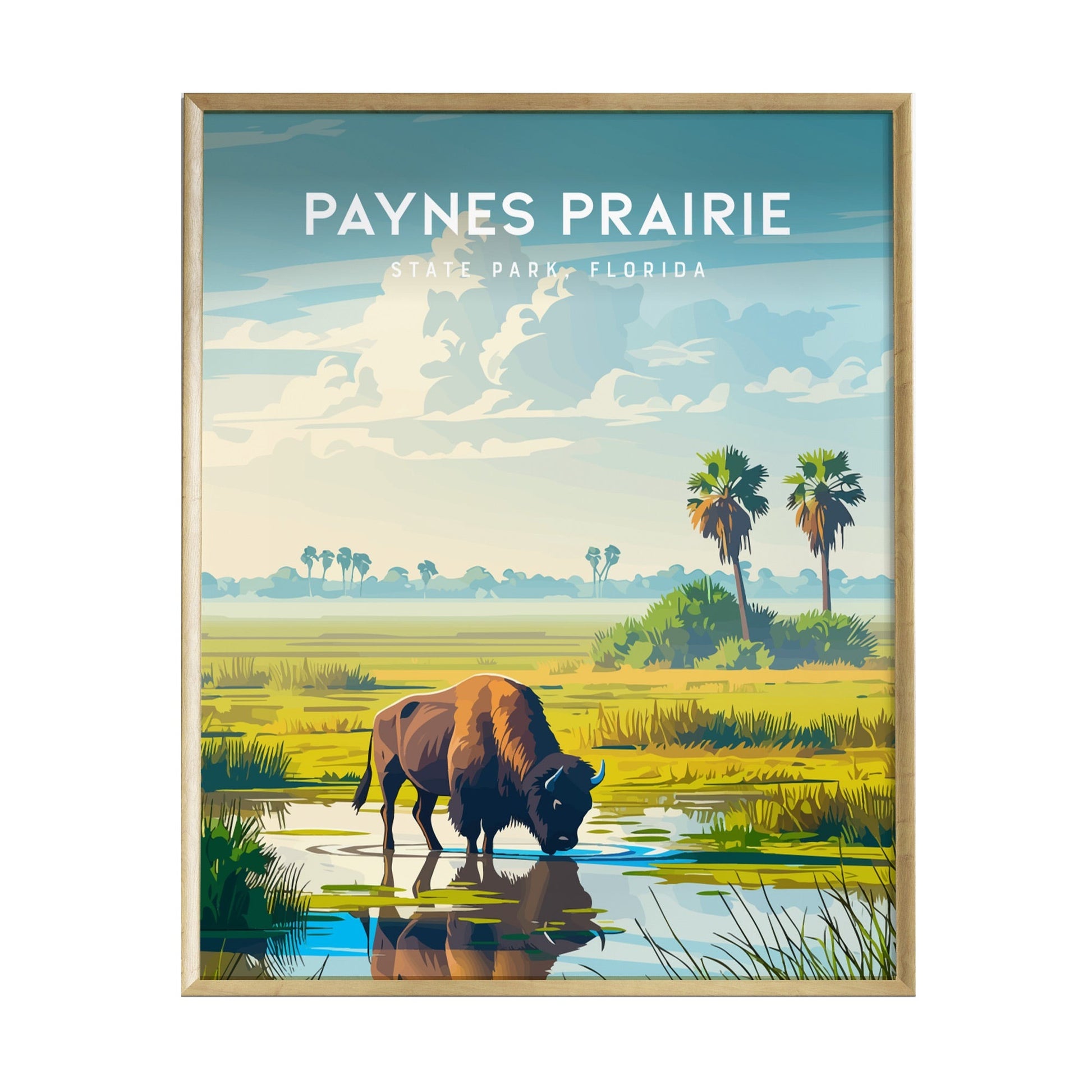A vibrant illustration of a wild bison standing in a serene wetland, with lush green grass and palm trees in the background. The sky features soft clouds and a gradient of blue hues, adding to the natural beauty of Paynes Prairie, Florida.