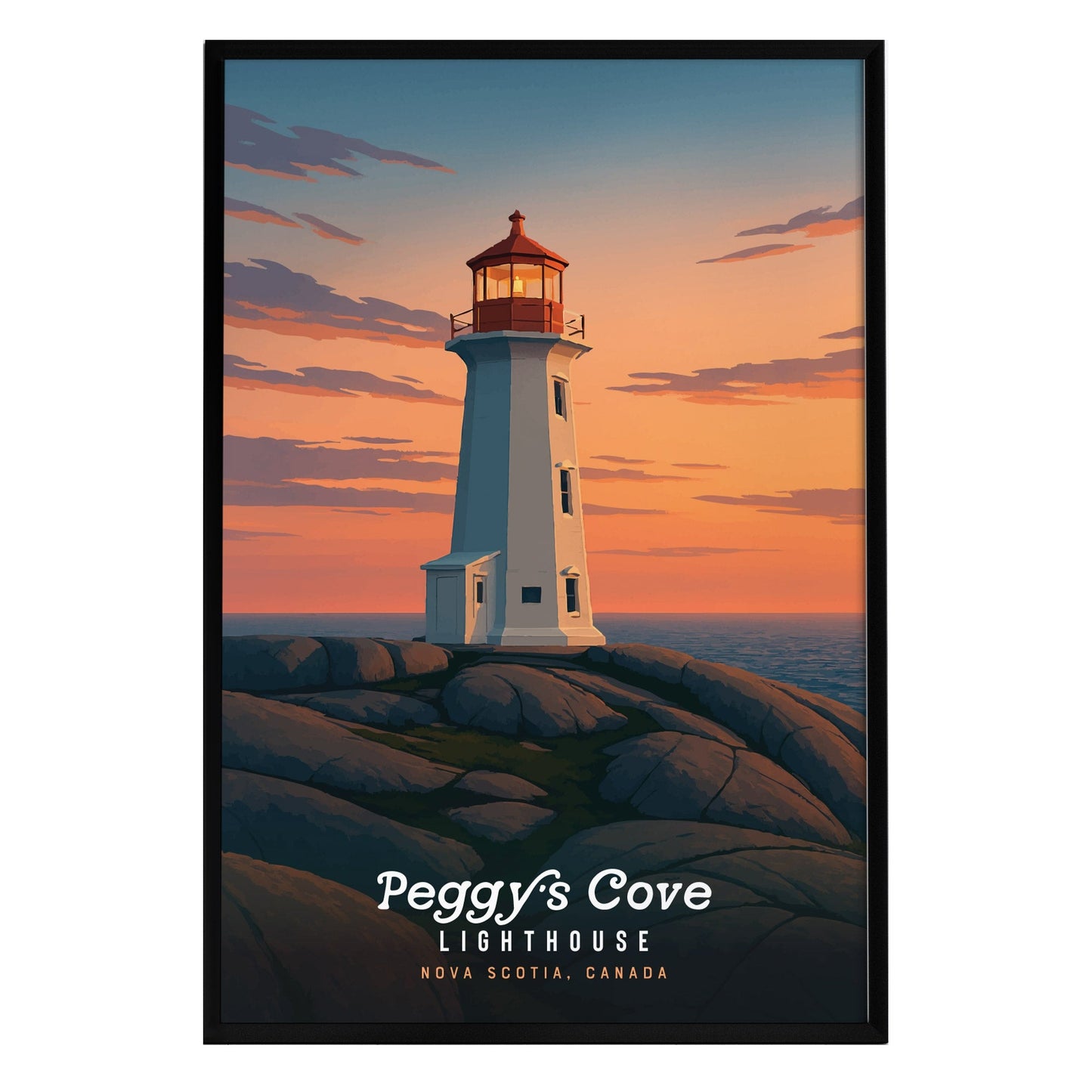 A vibrant poster of Peggys Cove Lighthouse, set against a stunning sunset. The lighthouse stands tall on rugged granite rocks, with soft ocean blues and warm sky tones creating a picturesque coastal scene, complemented by bold text below.