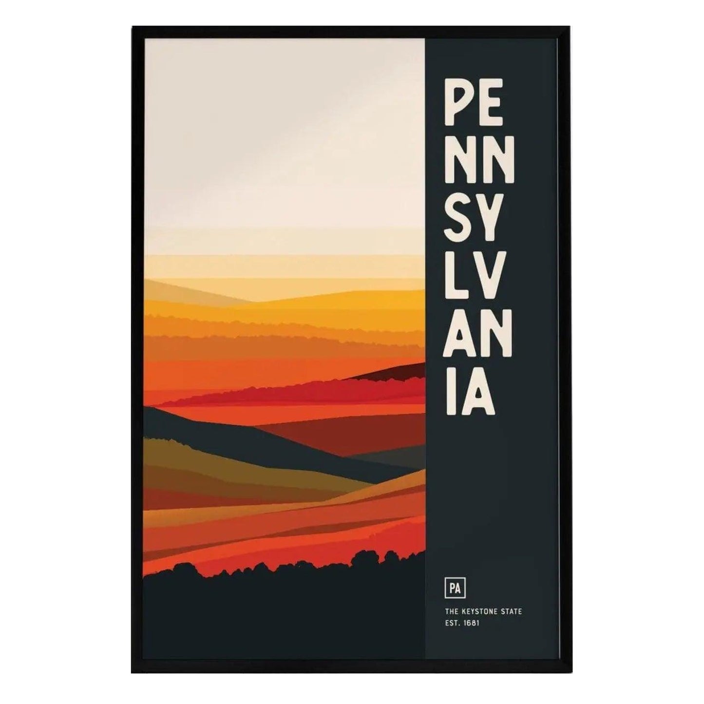A framed poster featuring an abstract representation of Pennsylvania, showcasing layered hills in warm tones of orange, yellow, and red. The word PENNSYLVANIA is prominently displayed in bold letters on the left side.