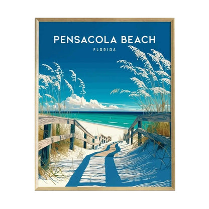 A vibrant poster of Pensacola Beach, Florida, featuring a scenic view of sandy pathways leading to the beach, framed by tall grasses and a bright blue sky.