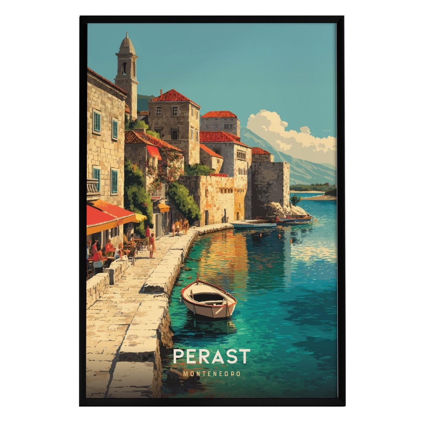 A colorful poster depicting the charming coastal town of Perast in Montenegro, featuring stone buildings with red rooftops along a serene waterfront.