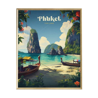 A vibrant poster featuring a scenic view of Phuket, Thailand, showcasing lush green cliffs, clear blue waters, and traditional longtail boats anchored on the shore.