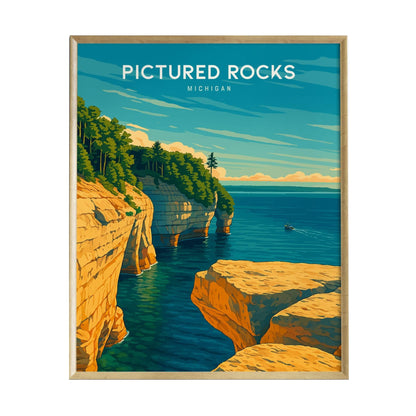 A vibrant poster of Pictured Rocks, Michigan, showcasing colorful sandstone cliffs above a serene blue lake. The artwork features lush green trees and a small boat on the water, encapsulating the beauty of the Upper Peninsula.
