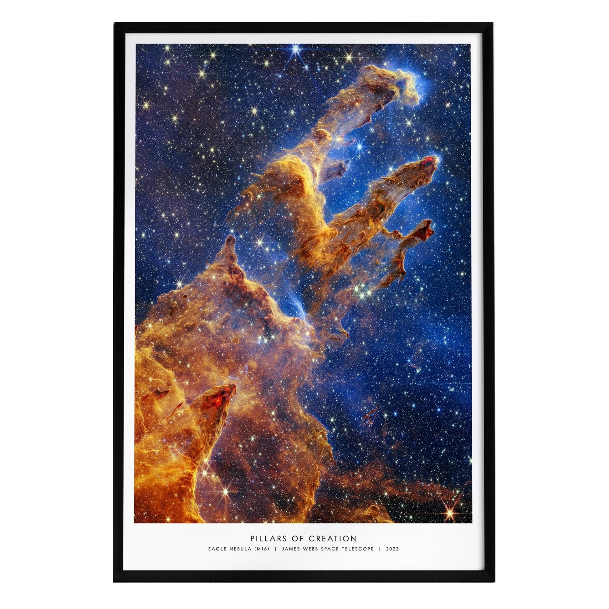 A vibrant poster titled Pillars of Creation, showcasing a stunning near-infrared image of the Eagle Nebula captured by the James Webb Space Telescope.
