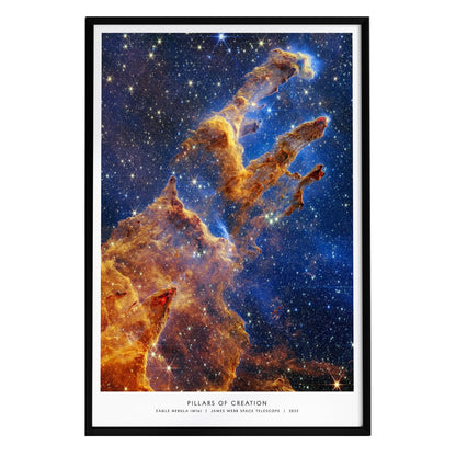 A vibrant poster titled Pillars of Creation, showcasing a stunning near-infrared image of the Eagle Nebula captured by the James Webb Space Telescope.