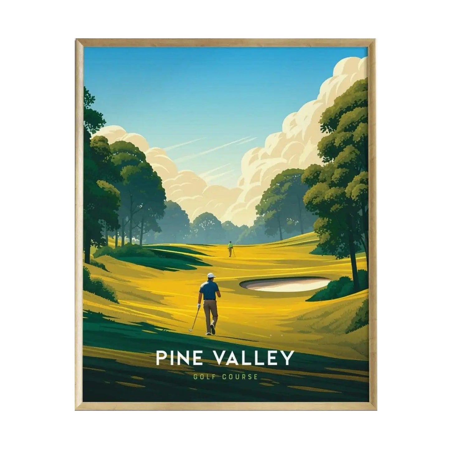 A vibrant illustration of the Pine Valley Golf Course, showcasing a golfer walking along a lush, golden fairway under a blue sky with fluffy clouds.