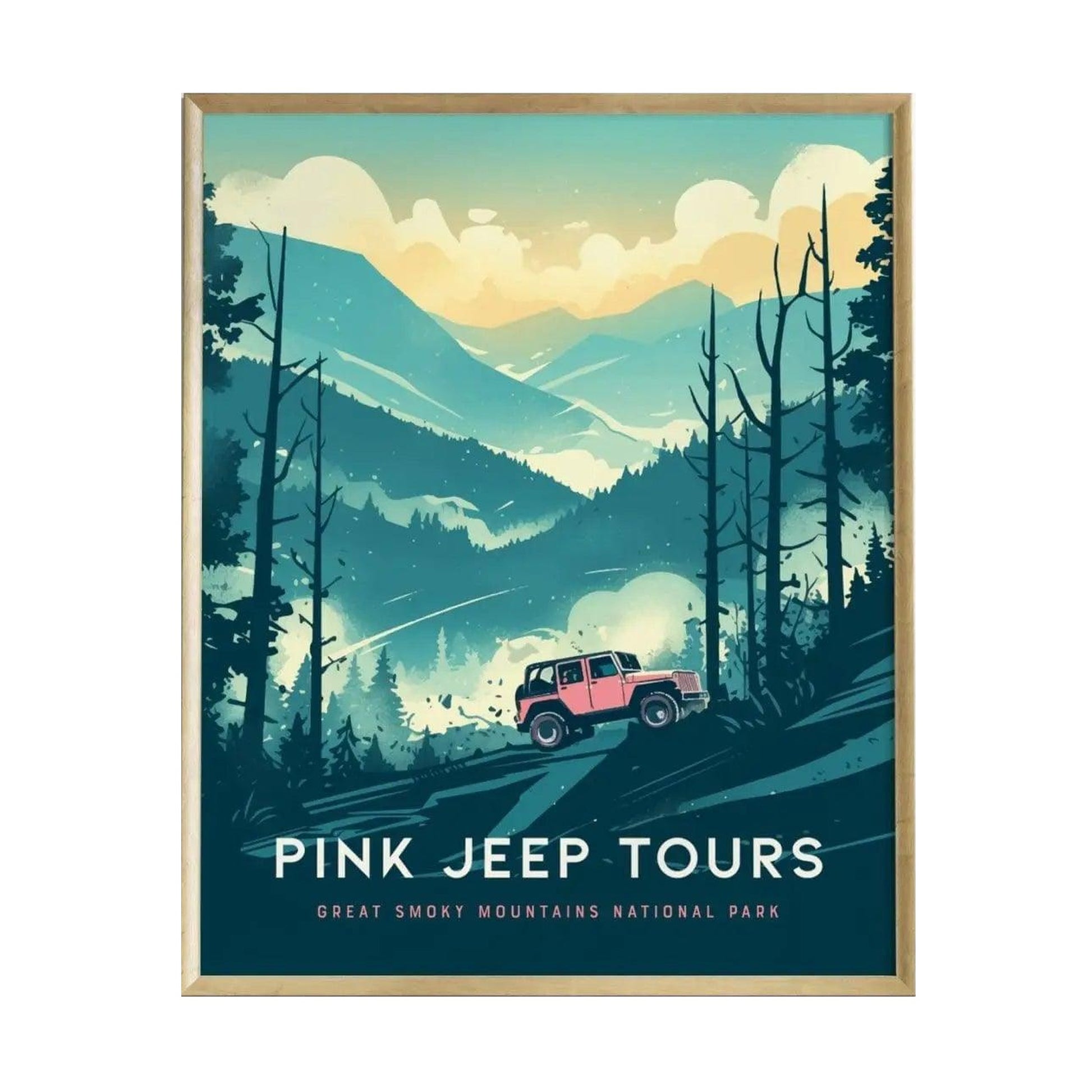A colorful poster features a vibrant pink jeep driving along a rugged trail in the Great Smoky Mountains. Lush, misty mountains and tall trees surround the scene, enhancing the adventurous spirit of the artwork.
