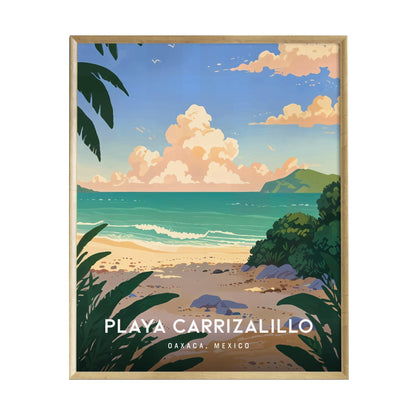 A vibrant illustration of Playa Carrizalillo in Oaxaca, Mexico, showcasing a serene beach scene with gentle waves, lush greenery in the foreground, and colorful clouds in the sky, all framed within a natural wood border.