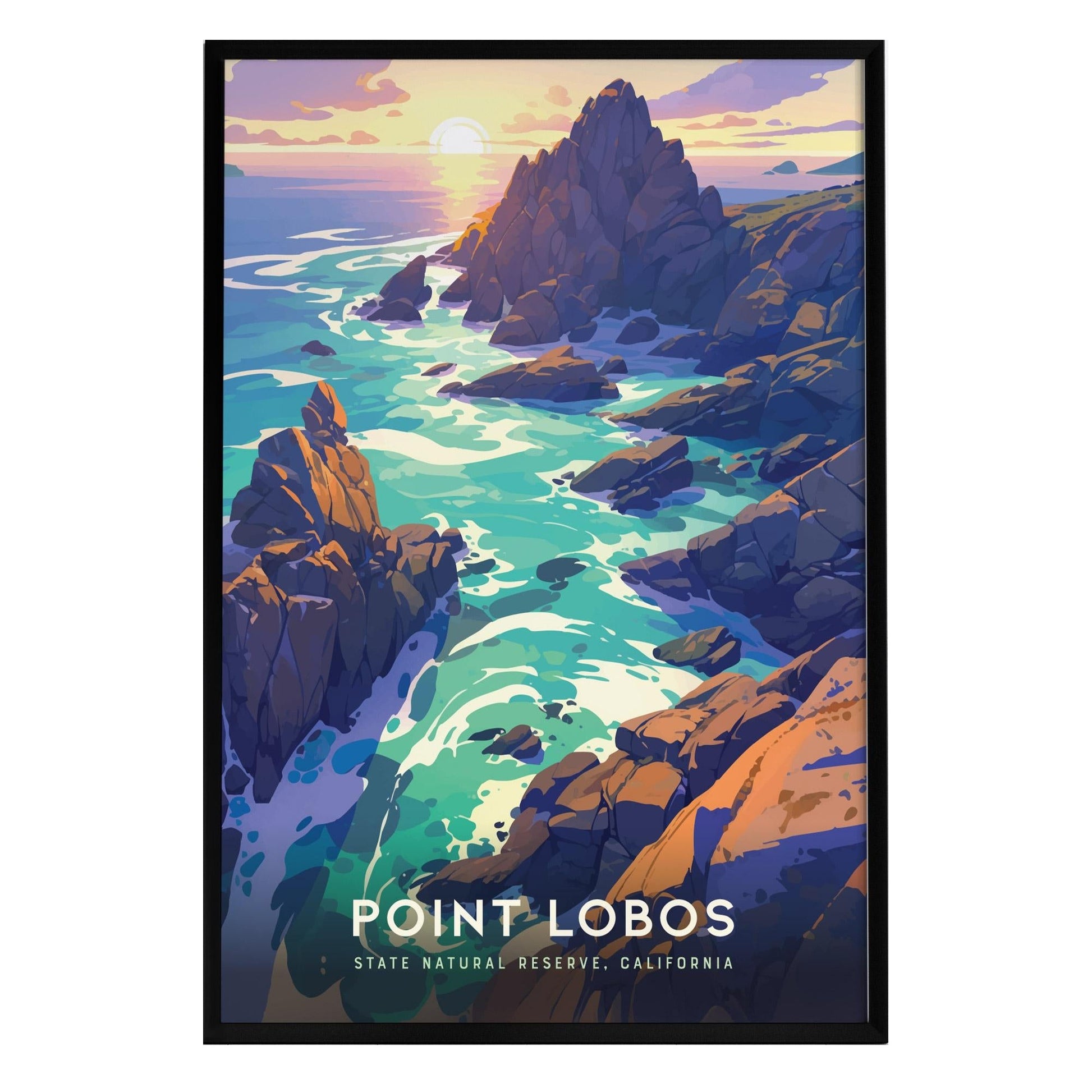 A vibrant poster of Point Lobos State Natural Reserve showcases dramatic cliffs and turquoise waters under a sunset sky. The artwork features modern design elements with bold colors, capturing the natural beauty of Californias coastline.