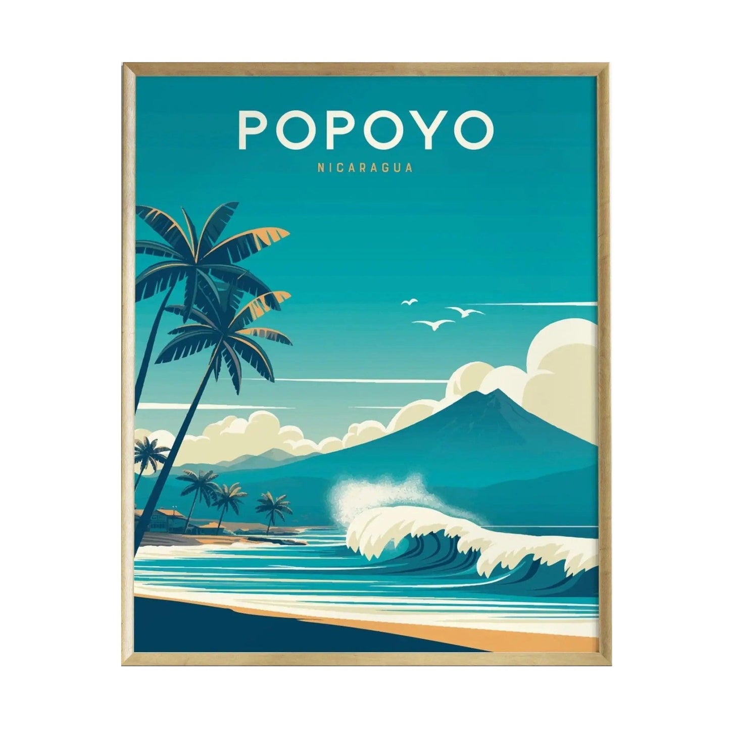 A vibrant poster of Popoyo, Nicaragua, showcasing a picturesque beach scene with rolling waves, lush palm trees, and a backdrop of a volcanic mountain under a bright blue sky. The word POPAYO is prominently displayed at the top.