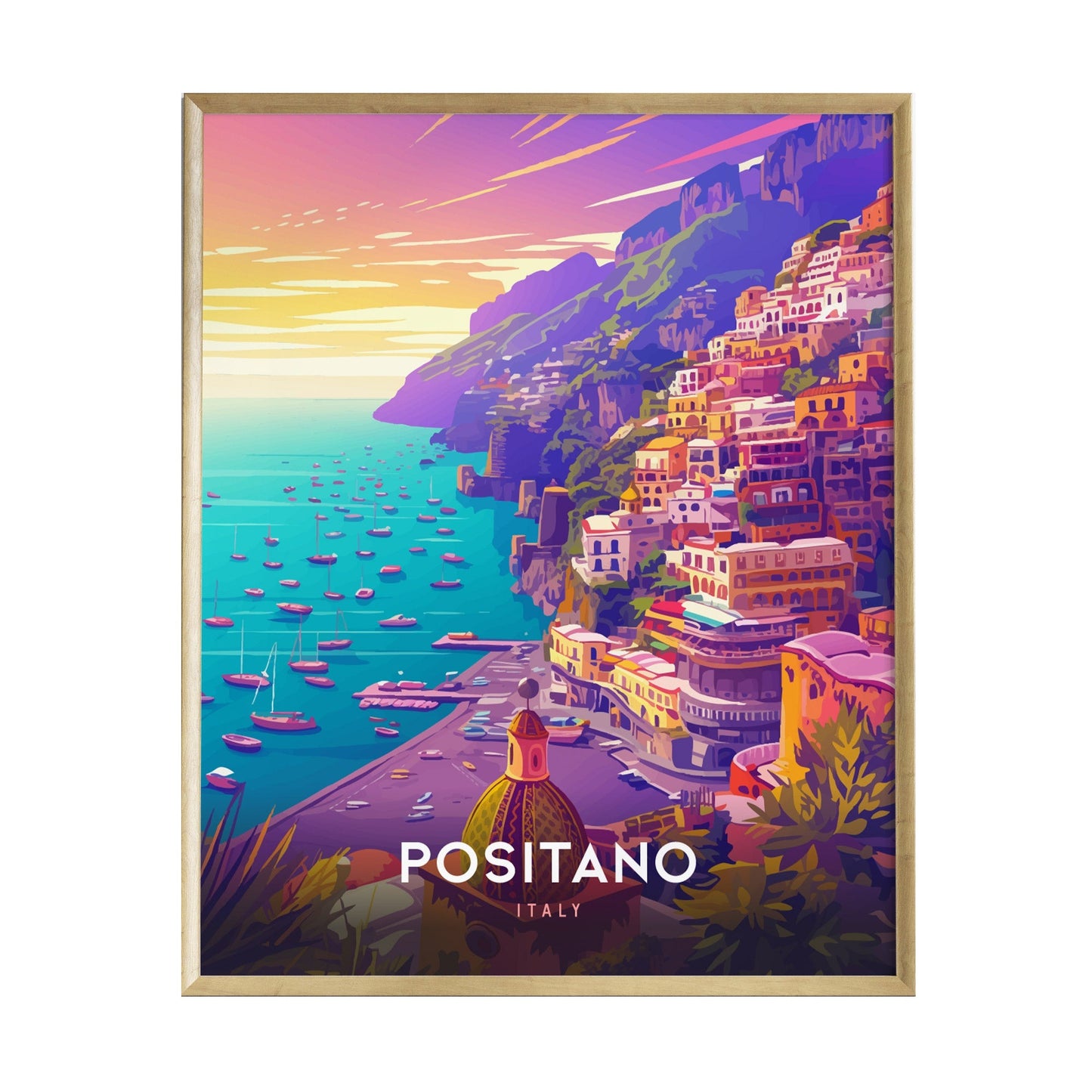 A vibrant illustration of Positano, Italy, showcases colorful cliffside houses cascading down to a serene bay filled with boats.