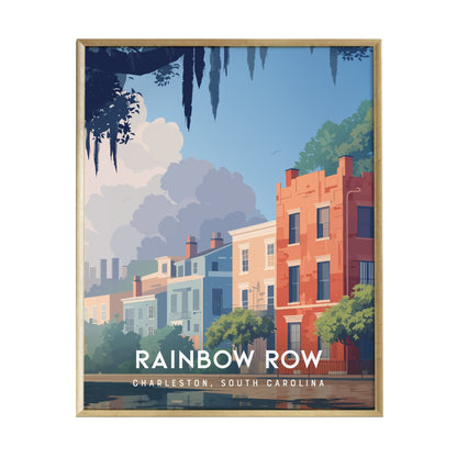 A vibrant illustration of Rainbow Row in Charleston, South Carolina, showcasing colorful Georgian row houses in pastel shades. The scene is set against a bright blue sky, with lush greenery and Spanish moss adding to the coastal charm.