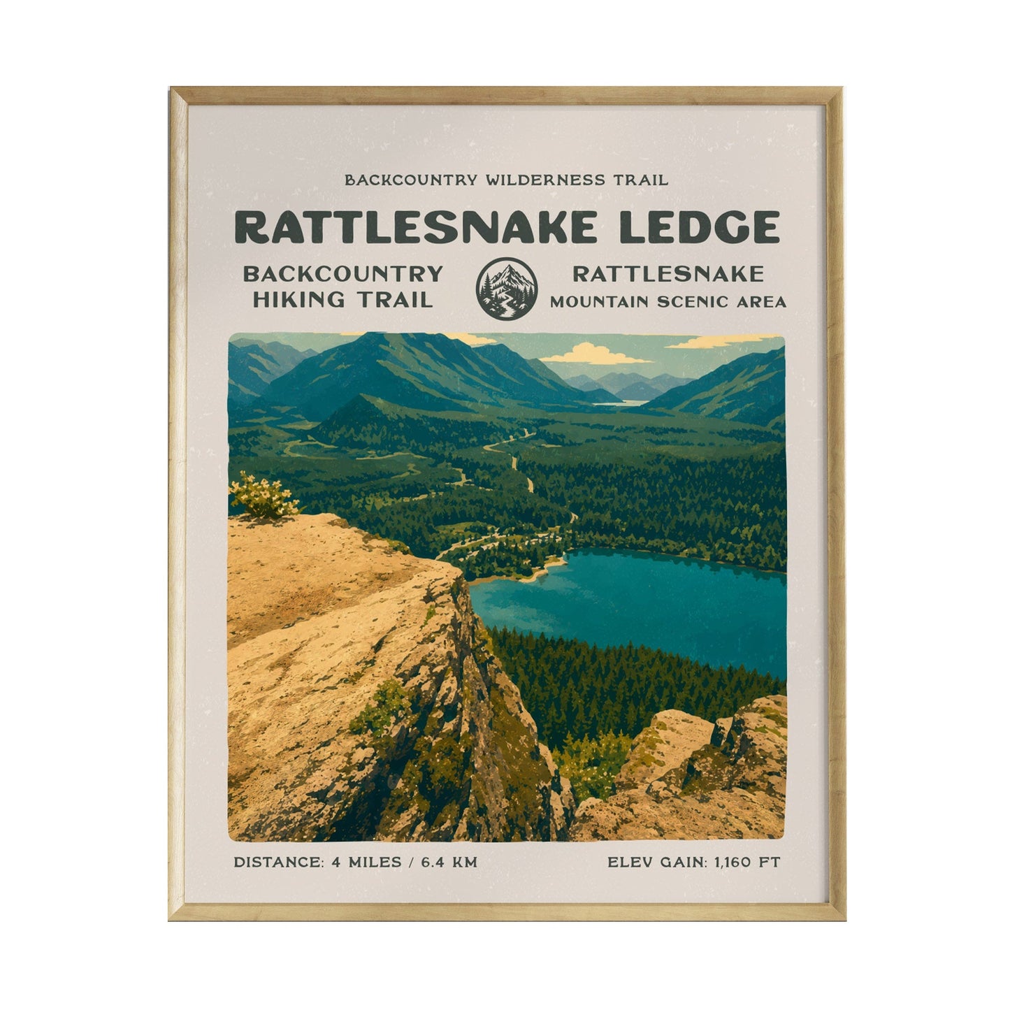 A vintage-style poster depicting Rattlesnake Ledge, featuring a breathtaking view of a lake surrounded by lush green mountains.