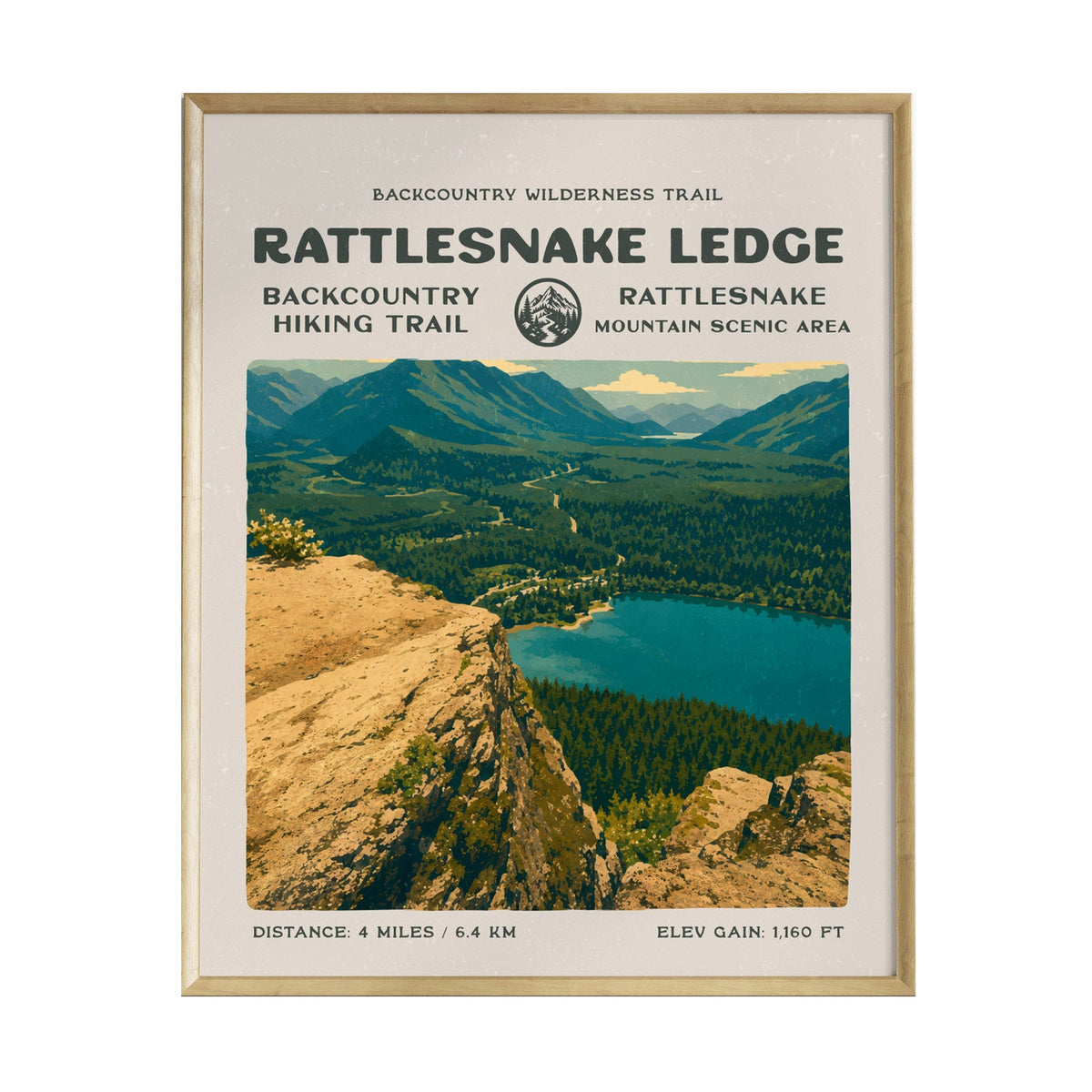 A vintage-style poster depicting Rattlesnake Ledge, featuring a breathtaking view of a lake surrounded by lush green mountains.