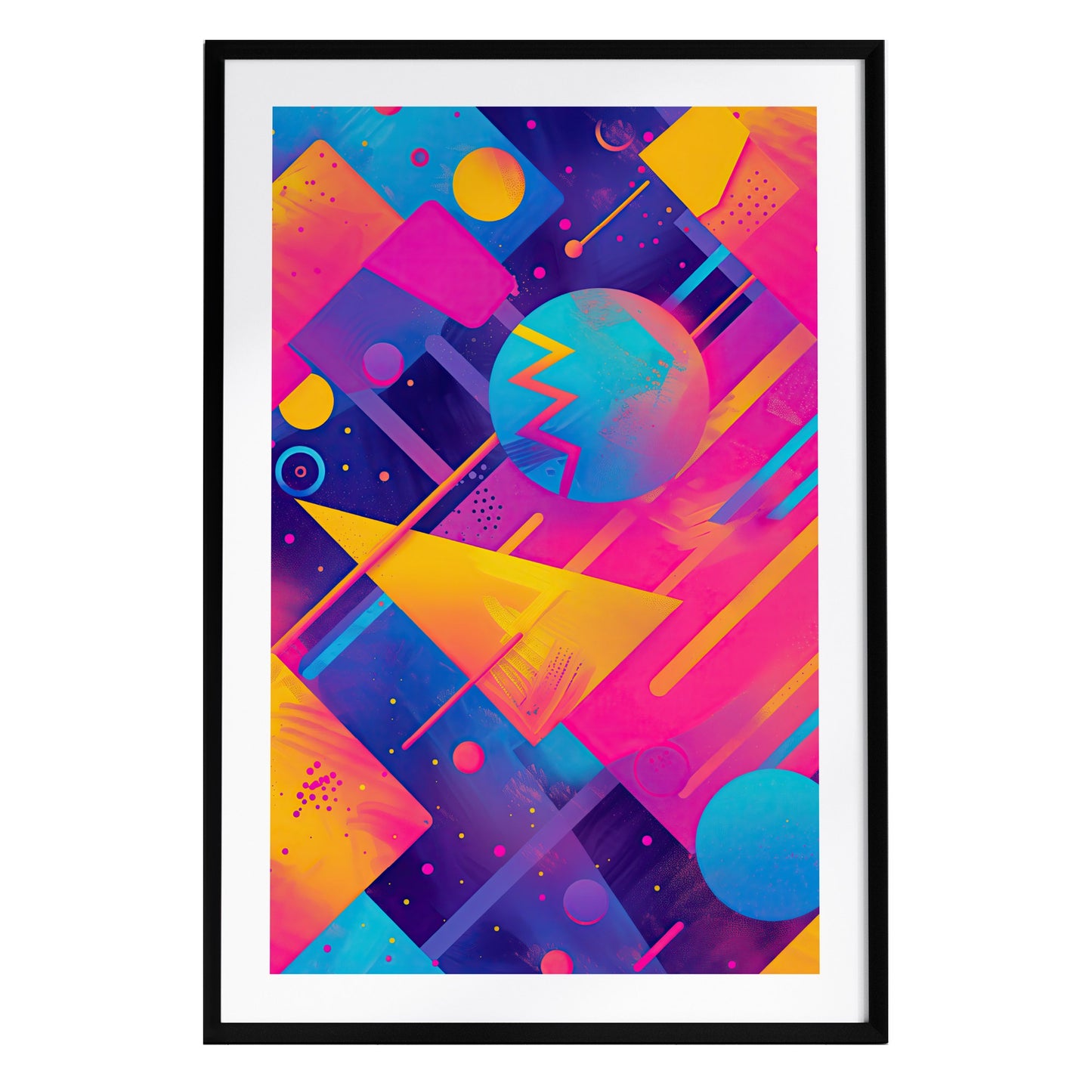 A vibrant abstract poster featuring geometric shapes in electric pinks, blues, and yellows against a dark background. The design includes circles and triangles, creating a dynamic visual reminiscent of retro synthwave aesthetics.