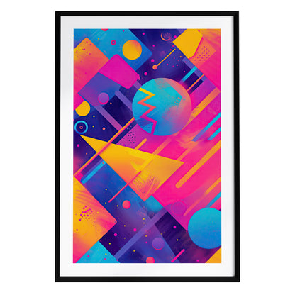 A vibrant abstract poster featuring geometric shapes in electric pinks, blues, and yellows against a dark background. The design includes circles and triangles, creating a dynamic visual reminiscent of retro synthwave aesthetics.