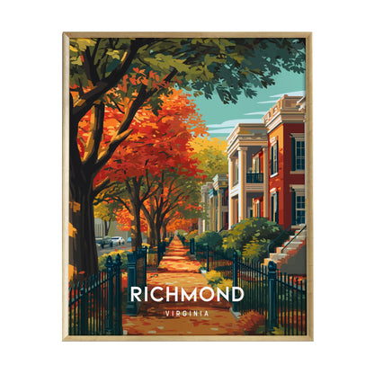 A vibrant illustration of a tree-lined sidewalk in Richmond, Virginia, showcasing colorful autumn foliage. Historic brick buildings line the path, creating a picturesque urban scene with a sense of warmth and charm.