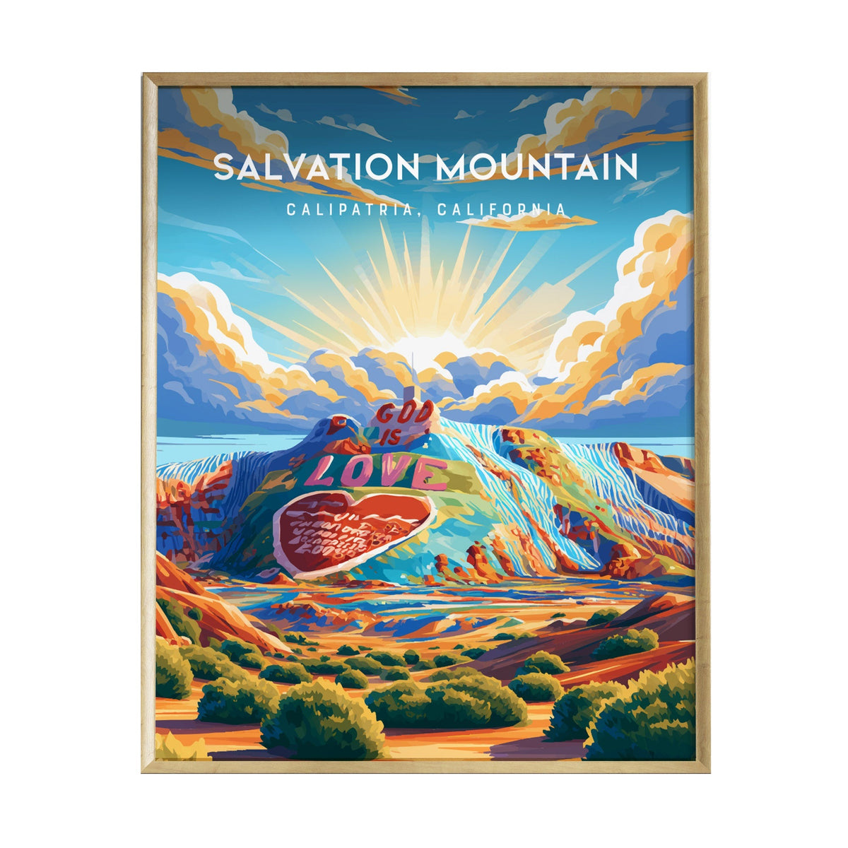 A vibrant poster featuring Salvation Mountain in California, showcasing its colorful, painted slopes under a bright blue sky.