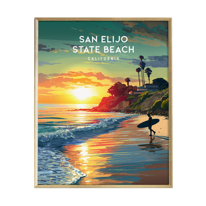 A vibrant poster of San Elijo State Beach in California features a surfer walking along the shoreline at sunset. The scene showcases colorful clouds, reflecting light on the water, with palm trees and coastal bluffs in the background.