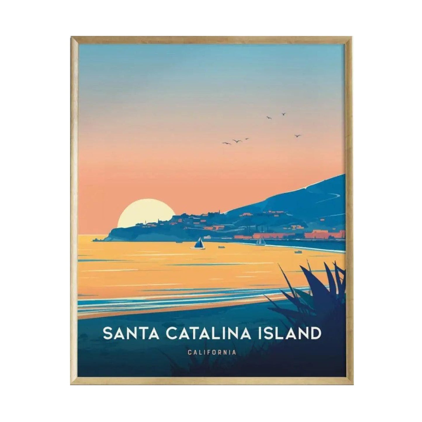 A vibrant poster of Santa Catalina Island features a serene sunset over the water, with silhouettes of hills and buildings along the coastline. The artwork captures the islands charm, showcasing boats and birds in the tranquil scene.