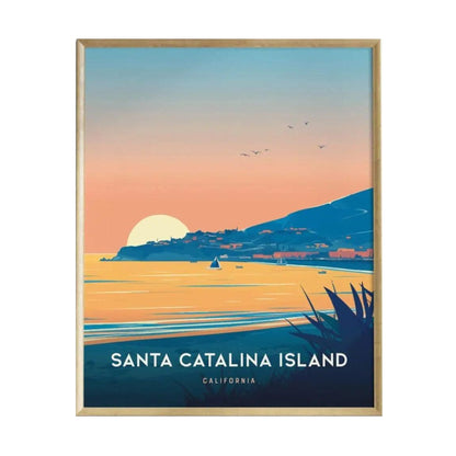A vibrant poster of Santa Catalina Island features a serene sunset over the water, with silhouettes of hills and buildings along the coastline. The artwork captures the islands charm, showcasing boats and birds in the tranquil scene.