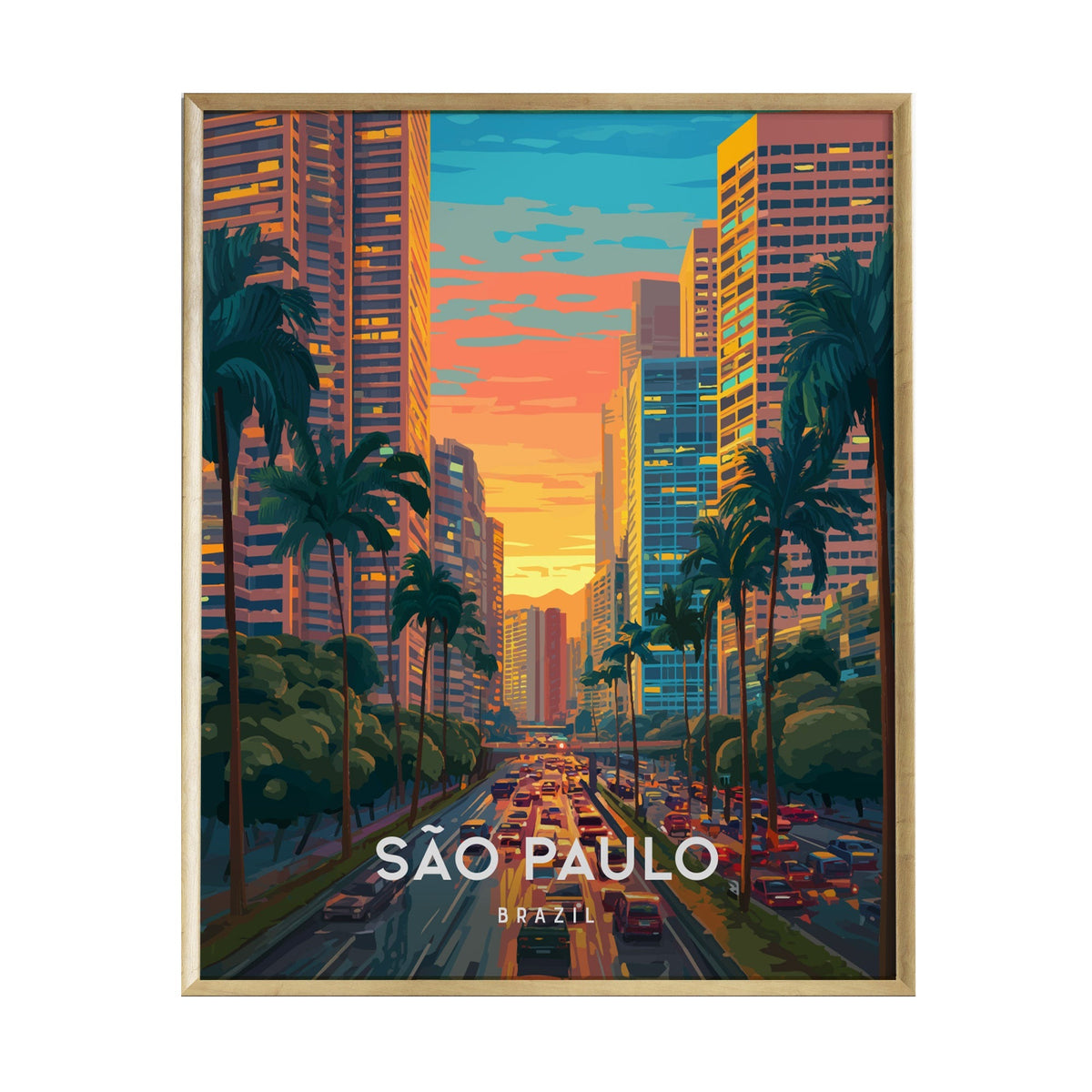 A vibrant illustration of São Paulos urban skyline at sunset, showcasing towering skyscrapers and palm trees lining a bustling avenue filled with cars.