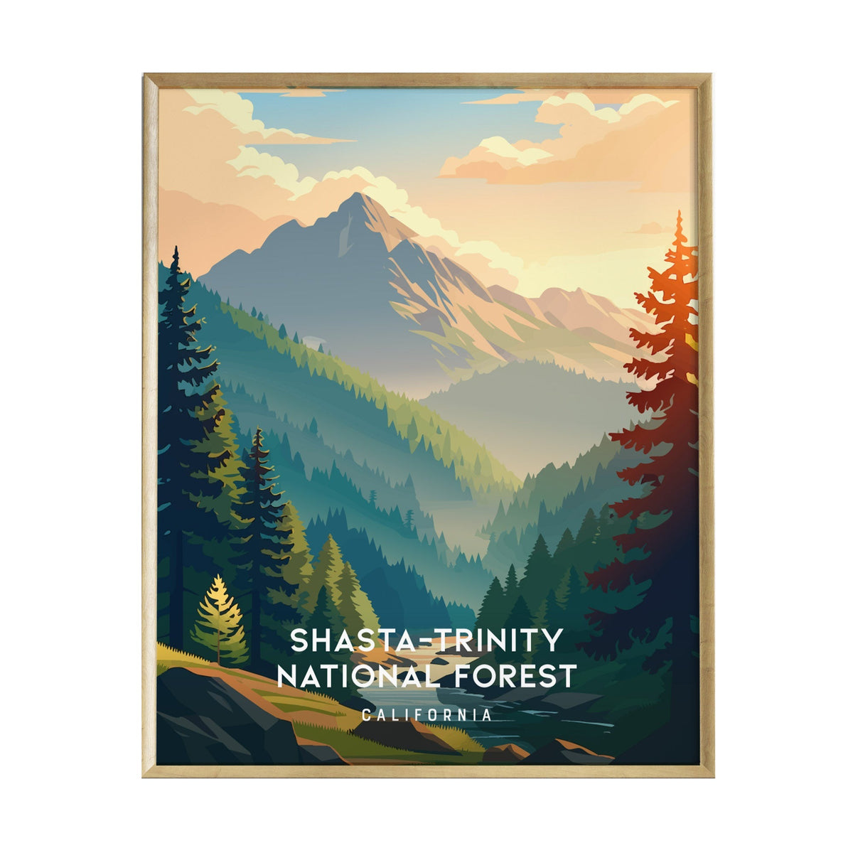 A vibrant illustration of the Shasta-Trinity National Forest showcases majestic mountains and lush green forests under a colorful sky.
