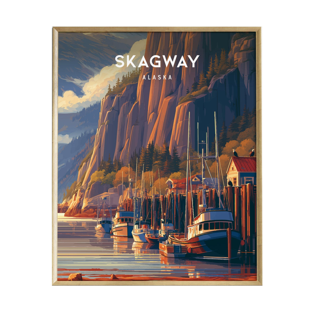 A vibrant illustration of Skagway, Alaska, showcasing a serene harbor filled with colorful boats docked along wooden piers. Majestic mountains rise in the background, reflecting the warm hues of a sunset sky above the peaceful waters.