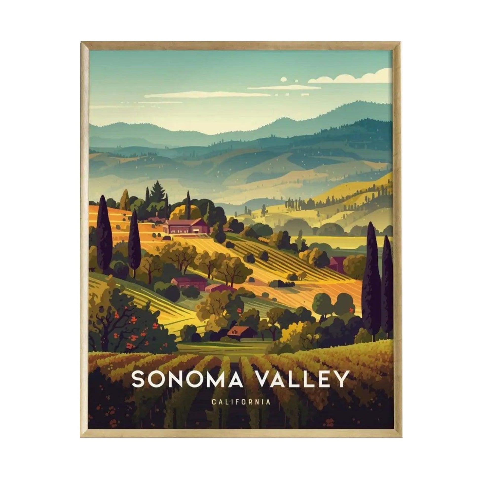 A vibrant travel poster of Sonoma Valley, California, showcasing rolling vineyard hills bathed in golden sunlight.