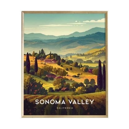 A vibrant travel poster of Sonoma Valley, California, showcasing rolling vineyard hills bathed in golden sunlight.