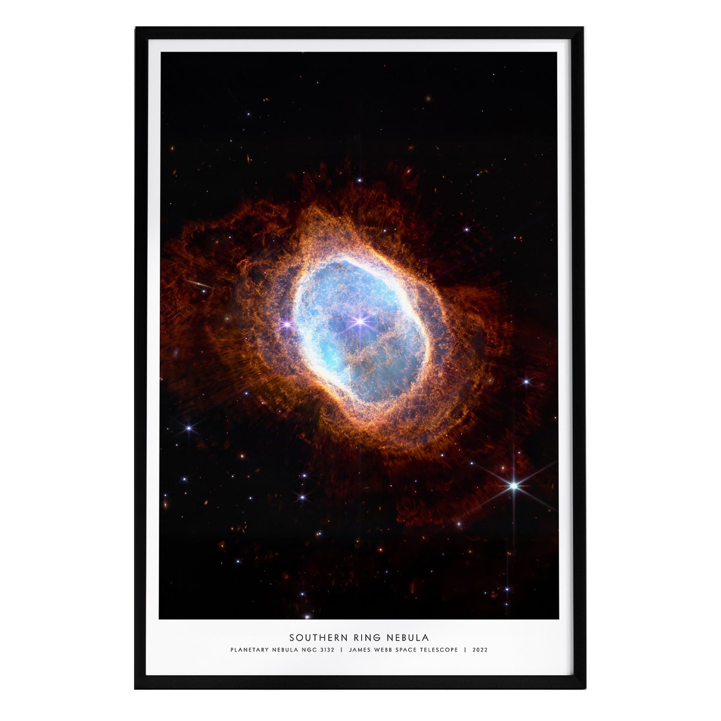 A framed poster of the Southern Ring Nebula, showcasing vibrant colors and intricate details. The image features a central blue region surrounded by orange and red gas and dust, with bright stars scattered throughout the dark background.